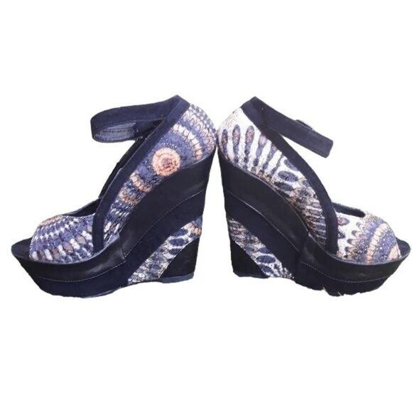 90's Platform Wedge Aztec Tapestry Patchwork Ankle Strap Open Toe Black 5.5 - Picture 2 of 8